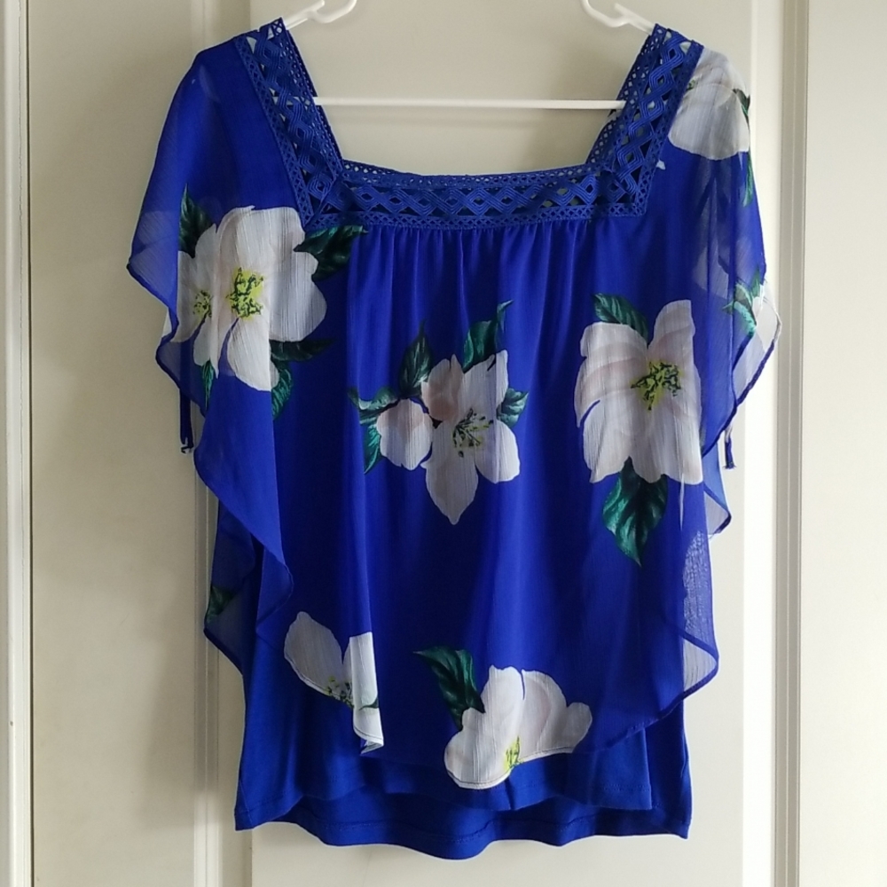 APT9 Blouse Tropical Floral Vivid Royal Top Blue Size Small